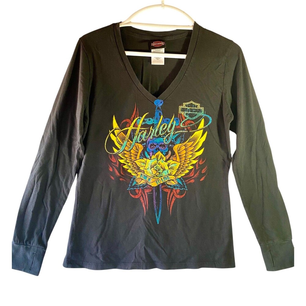 Harley Davidson Womens Shirt Sz Large Black Long Sleeve Wings Valparaiso Indiana